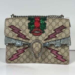 Authentic Gucci Dionysus GG Supreme Shoulder Bag w/ Crystal Embellishment